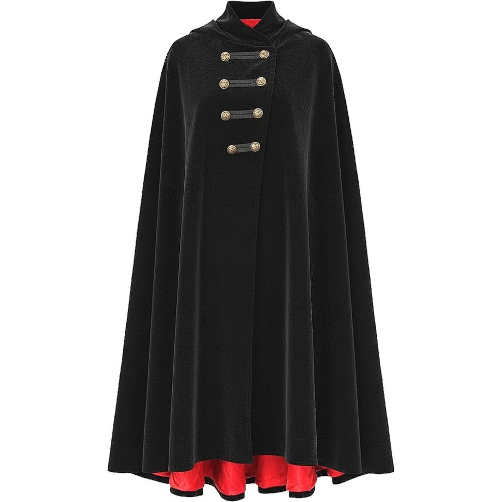 Pentagramme Gothic Black Velvet Hooded Cape Red Lining Military Crest Buttons OS